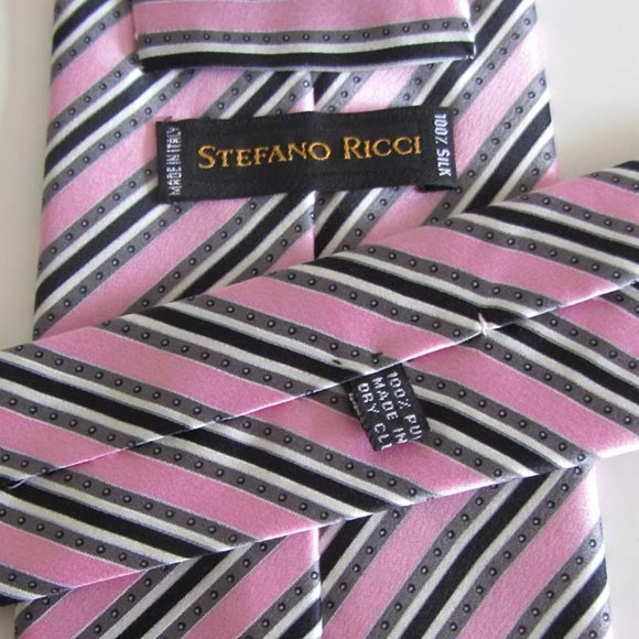 STEFANO RICCI pink/blk/white striped tie 100% silk - Picture 4 of 7
